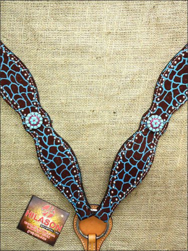 HILASON WESTERN LEATHER HORSE BREAST COLLAR GIRAFFE TURQUOISE CONCHO BLING