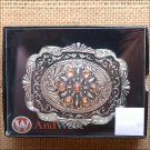 WESTERN COWBOYS SCALLOPED SQUARE BELT BUCKLE W/ CLEAR CRYSTAL RHINESTONE