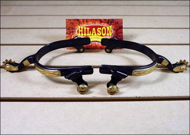 HILASON BLACK STEEL MEN ROPING SPURS SOLID BRASS ENGRAVED TRIM AND ROWEL