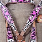 S521 HILASON WESTERN ZEBRA LEATHER HORSE HEADSTALL BREAST COLLAR ANGEL CROSS GUN