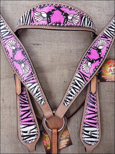 S521 HILASON WESTERN ZEBRA LEATHER HORSE HEADSTALL BREAST COLLAR ANGEL CROSS GUN
