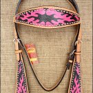 S582 HILASON WESTERN LEATHER HORSE BRIDLE HEADSTALL HAND PAINT FLAME BLACK PINK