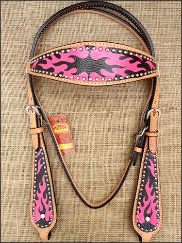 S582 HILASON WESTERN LEATHER HORSE BRIDLE HEADSTALL HAND PAINT FLAME BLACK PINK