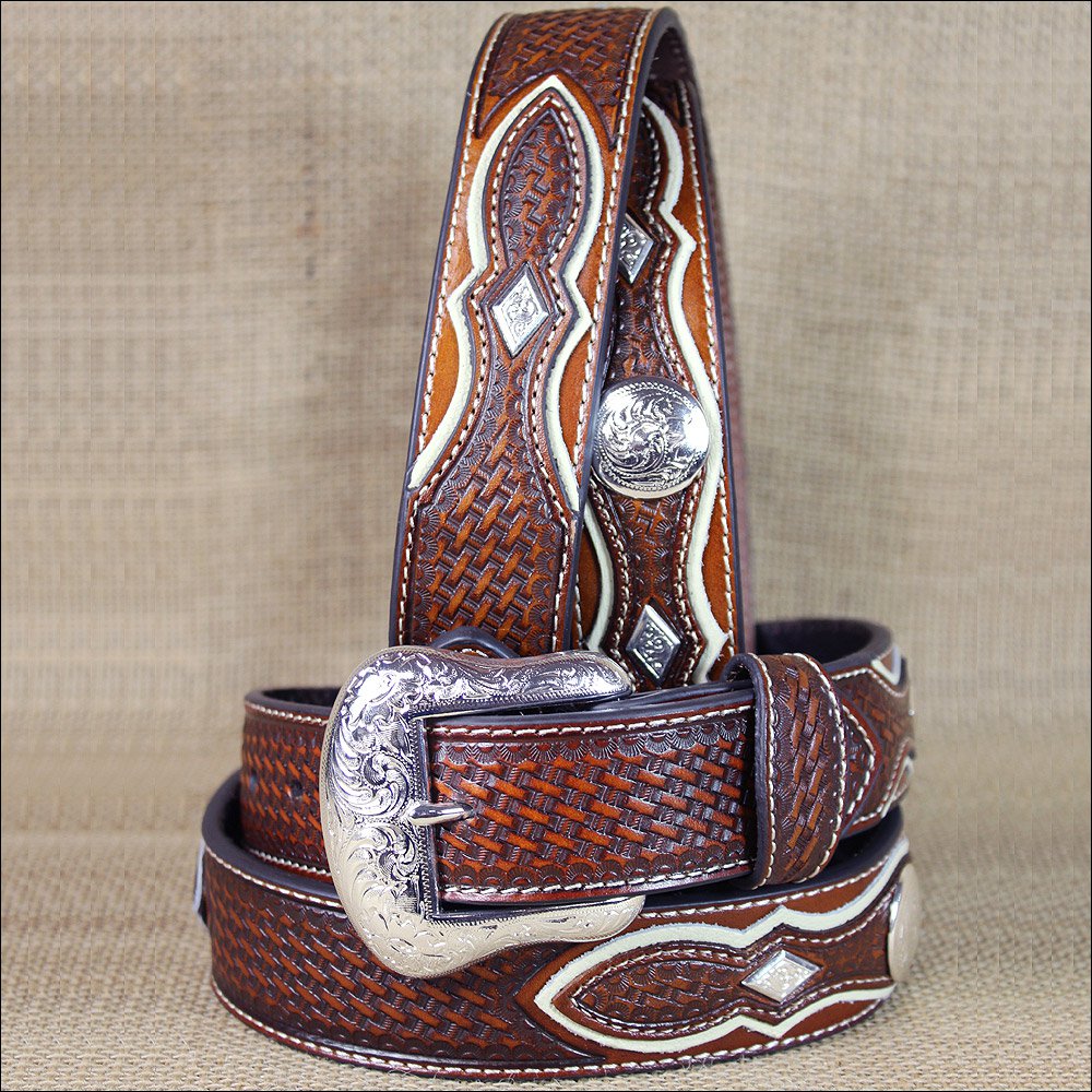 38 INCH WESTERN NOCONA MENS BELT TOOLED DIAMOND SILVER CONCHOS COPPER