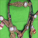 HILASON WESTERN LEATHER HEADSTALL BREAST COLLAR CHEETAH LEOPARD AB BLING CONCHO