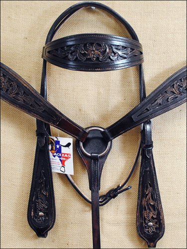 f322 HILASON WESTERN HAND TOOL LEATHER BRIDLE HEADSTALL BREAST COLLAR DARK BROWN