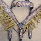HILASON WESTERN LEATHER HORSE HEADSTALL BREAST COLLAR BLACK TAN W/ FRINGES