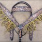 HILASON WESTERN LEATHER HORSE HEADSTALL BREAST COLLAR BLACK TAN W/ FRINGES