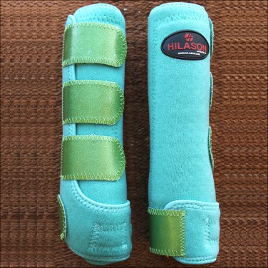 MED HILASON GLITTER GREEN HORSE FRONT LEG PROTECTION ULTIMATE SPORTS BOOT PAIR