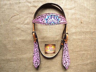 S565 NEW HILASON WESTERN HAND PAINT CROWN LEATHER HORSE BRIDLE HEADSTALL PINK