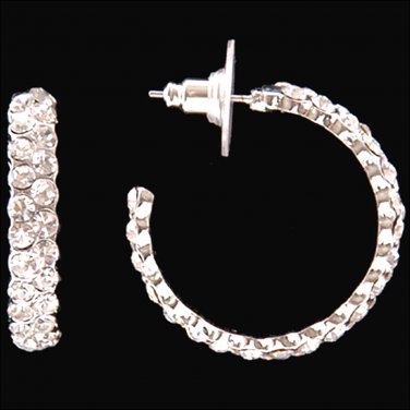 3D SILVER TONE STRIKE ROUND CRYSTAL HYPOALLERGENIC WOMEN LADIES HOOP EARRINGS
