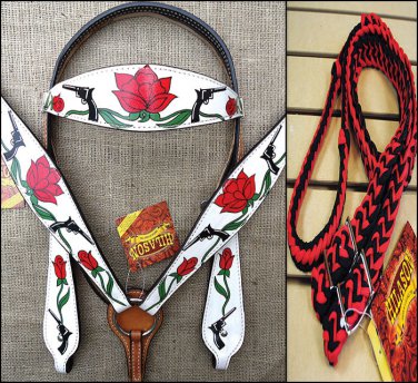 HILASON WESTERN LEATHER HORSE HEADSTALL BREAST COLLAR REINS ROSE CROSS GUN