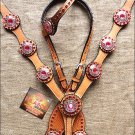 HILASON WESTERN LEATHER HORSE ONE EAR HEADSTALL BREAST COLLAR TAN W/ PINK CONCHO