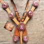 HILASON WESTERN LEATHER HORSE ONE EAR HEADSTALL BREAST COLLAR TAN W/ PINK CONCHO