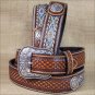 WESTERN ARIAT LEATHER MENS BELT BASKETWEAVE FLORAL CONCHOS BROWN 32-46 INCHES