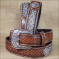 WESTERN ARIAT LEATHER MENS BELT BASKETWEAVE FLORAL CONCHOS BROWN 32-46 INCHES