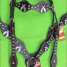 HILASON WESTERN LEATHER HORSE HEADSTALL BREAST COLLAR BROWN W/ CROSS GUN CONCHO