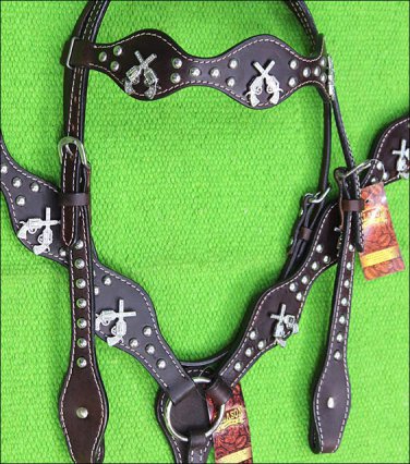 HILASON WESTERN LEATHER HORSE HEADSTALL BREAST COLLAR BROWN W/ CROSS GUN CONCHO