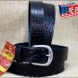 36IN. BLACK 1.5in LEATHER BELT CROCODILE EMBOSSED DESIGN MADE IN USA