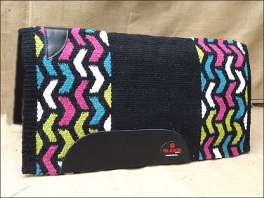 F261 HILASON WESTERN NEW ZEALAND WOOL HORSE SADDLE BLANKET BLACK PINK BLUE WHITE