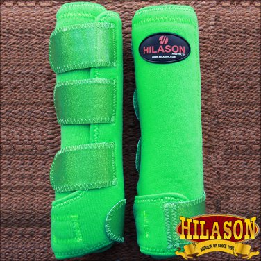 LARGE HILASON GLITTER GREEN HORSE REAR LEG PROTECTION ULTIMATE SPORTS BOOTS PAIR