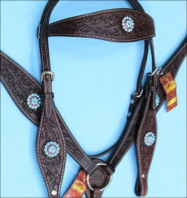 HILASON WESTERN LEATHER HORSE HEADSTALL BREAST COLLAR BROWN TURQUOISE CONCHOS