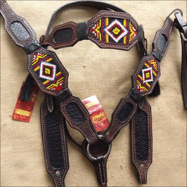 HILASON WESTERN RAWHIDE LEATHER HORSE HEADSTALL BREAST COLLAR BEADED BROWN