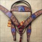 HILASON WESTERN LEATHER HEADSTALL BREAST COLLAR MAHOGANY BARB WIRE CROSS GUN