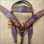 HILASON WESTERN LEATHER HEADSTALL BREAST COLLAR MAHOGANY BARB WIRE CROSS GUN