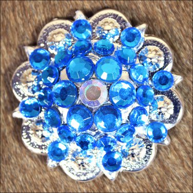 SET OF 4 CAPRI BLUE AB CRYSTAL 1-1/4in BERRY CONCHO RHINESTONE TACK SADDLE