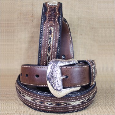 42 INCH WESTERN MEN BLACK BROWN LEATHER FABRIC INSET BELT