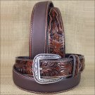 42 INCH WESTERN ARIAT SILVER BUCKLE LEATHER MENS BELT TOOLED FLORAL TAN