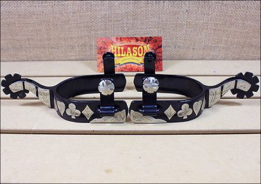 HILASON BLACK STEEL MEN SPURS ENGRAVED GERMAN SILVER TRIM WITH GAMBLER DESIGN