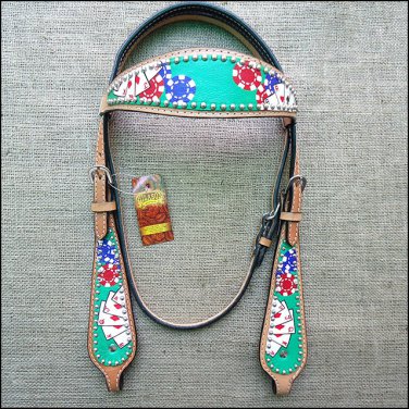 HILASON WESTERN LEATHER HORSE HEADSTALL BRIDLE HAND PAINT PLAYING CARDS GREEN