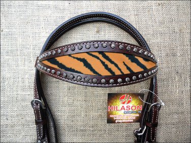 HILASON WESTERN LEATHER HORSE BRIDLE HEADSTALL DARK BROWN W/ TIGER CHEETAH INLAY
