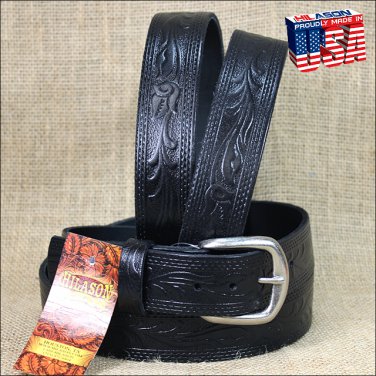 52IN. BLACK 1.5in LEATHER BELT EMBOSSED WESTERN DESIGN MADE IN USA