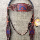 HILASON WESTERN LEATHER HORSE BRIDLE HEADSTALL MAHOGANY W/ BLUE HEART CROSS GUN