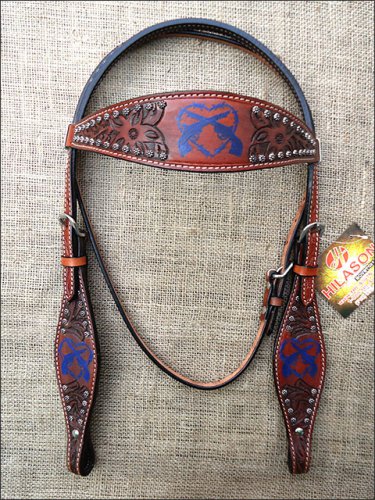 HILASON WESTERN LEATHER HORSE BRIDLE HEADSTALL MAHOGANY W/ BLUE HEART CROSS GUN