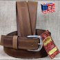 46IN. TAN 1.5in CASUAL LEATHER BELT TRIPLE STITCHED EMBOSSED BORDER MADE IN USA