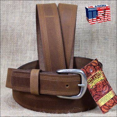 44IN. TAN 1.5in CASUAL LEATHER BELT TRIPLE STITCHED EMBOSSED BORDER MADE IN USA