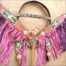 WESTERN LEATHER HORSE BRIDLE HEADSTALL BREAST COLLAR HAND PAINT FLORAL FRINGES