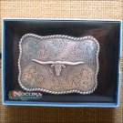 M&F WESTERN NOCONA ANTIQUE SILVER LONGHORN ROPE EDGE BELT BUCKLE
