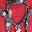 HILASON WESTERN LEATHER HORSE HEADSTALL BREAST COLLAR ANTIQUE BLACK BLING HEART