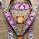 HILASON WESTERN ZEBRA LEATHER HORSE BRIDLE HEADSTALL BREAST COLLAR PINK