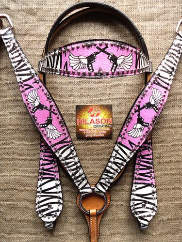 HILASON WESTERN ZEBRA LEATHER HORSE BRIDLE HEADSTALL BREAST COLLAR PINK