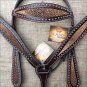 HILASON WESTERN LEATHER HORSE BRIDLE HEADSTALL BREAST COLLAR BROWN W/ GOLD INLAY