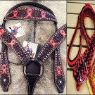 HILASON WESTERN LEATHER HORSE HEADSTALL BREAST COLLAR REINS DARK BROWN RED