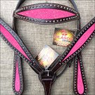 HILASON WESTERN LEATHER HORSE BRIDLE HEADSTALL BREAST COLLAR BROWN W/ PINK INLAY