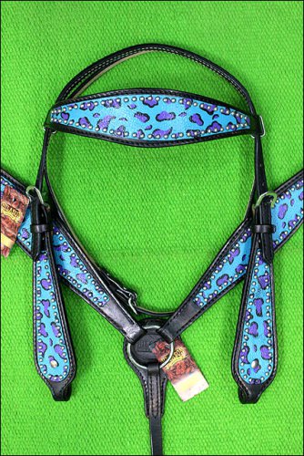 HILASON WESTERN LEATHER HORSE HEADSTALL BREAST COLLAR TURQUOISE BLACK CHEETAH