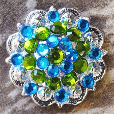 C36 SET OF 4 PERIDOT BLUE CRYSTAL 1-1/4in BERRY CONCHO RHINESTONE TACK SADDLE